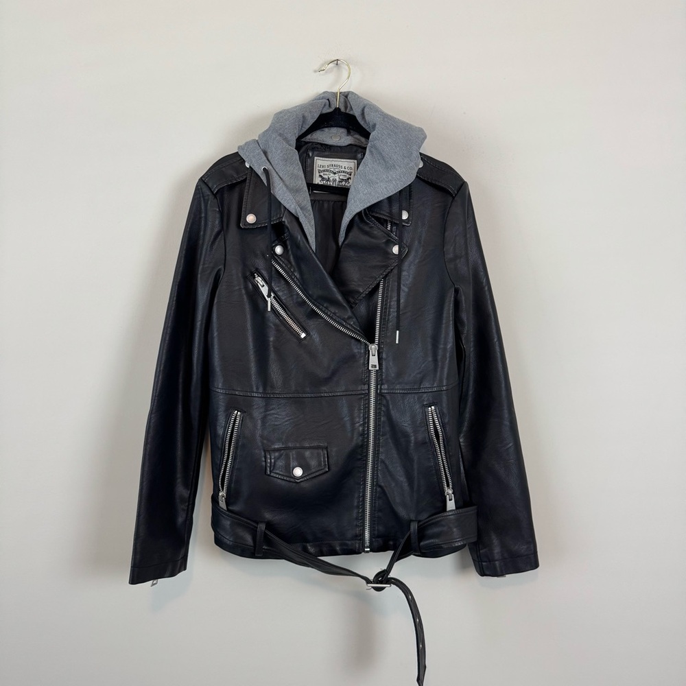 Levi’s Hoodie Faux Leather Moto Oversized Belted Jacket - Picture 3 of 12